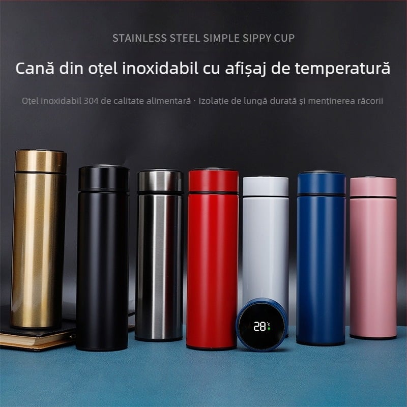 Cană din oțel inoxidabil 304, termos vacuum cu afișaj de temperatură, formă dreaptă, recipient portabil pentru apă pentru uz casnic și în aer liber