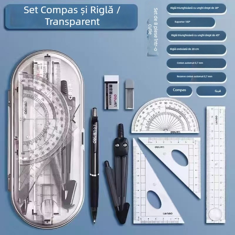 Deli 9591 Set de desen pentru elevi: compas și riglă pentru figuri geometrice