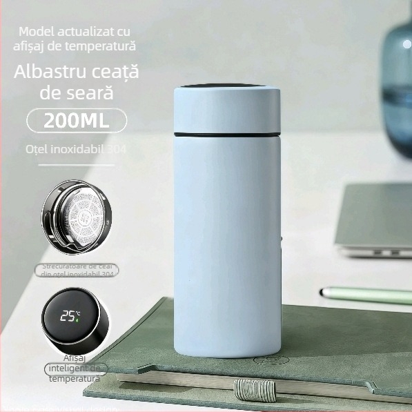 Termos din oțel inoxidabil cu afișaj inteligent al temperaturii, cană mini portabilă pentru bărbați și femei, cu separator pentru ceai