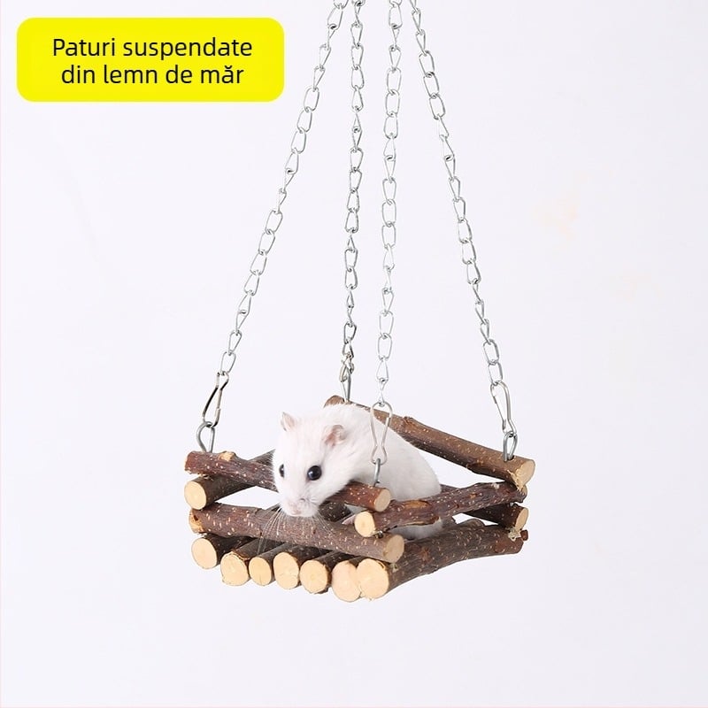 Accesorii pentru hamster: tunel din lemn de măr, cuib de ascunzătoare, leagăn, hamac, scară și gard pentru decorarea habitatului
