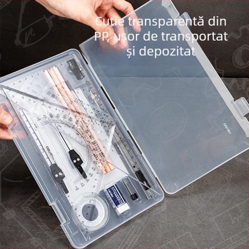 Deli 72156 Set de rigle și compas pentru desen tehnic, kit de desen pentru elev