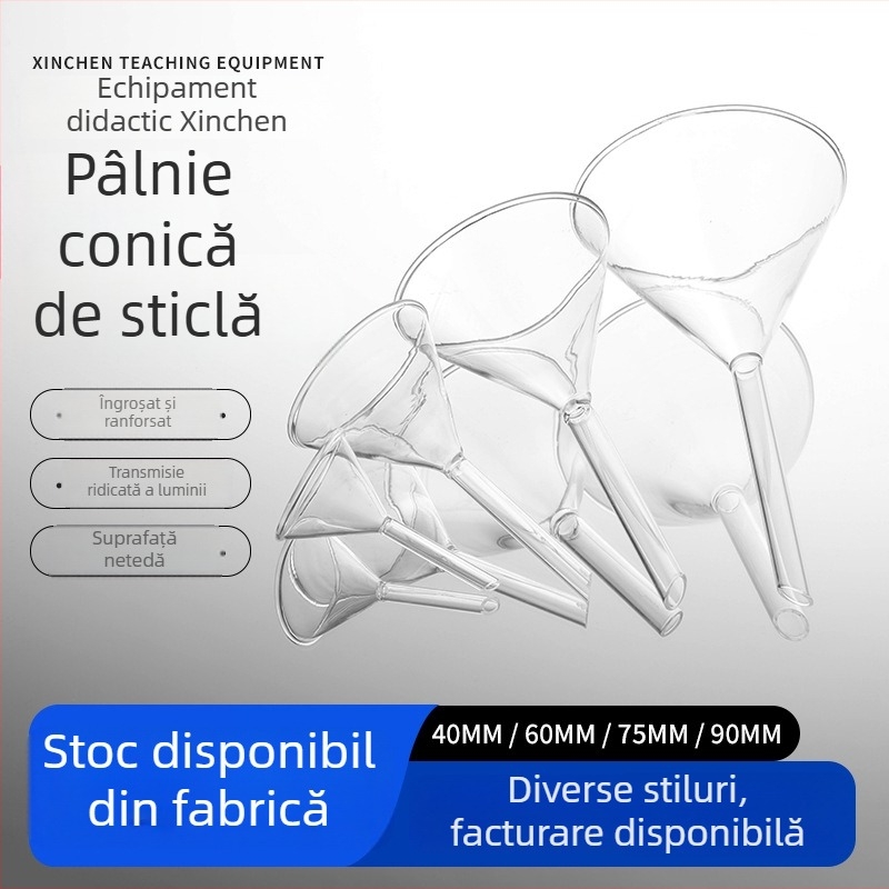 Pâlnie triunghiulară din sticlă, pentru filtrare în laborator, gât scurt, dimensiuni 40/60/90 mm