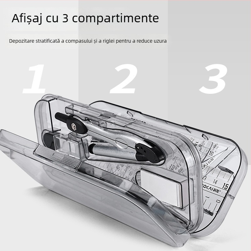 Set de 8 piese cu compas, riglă pentru desen, include riglă dreaptă, triunghi și radieră