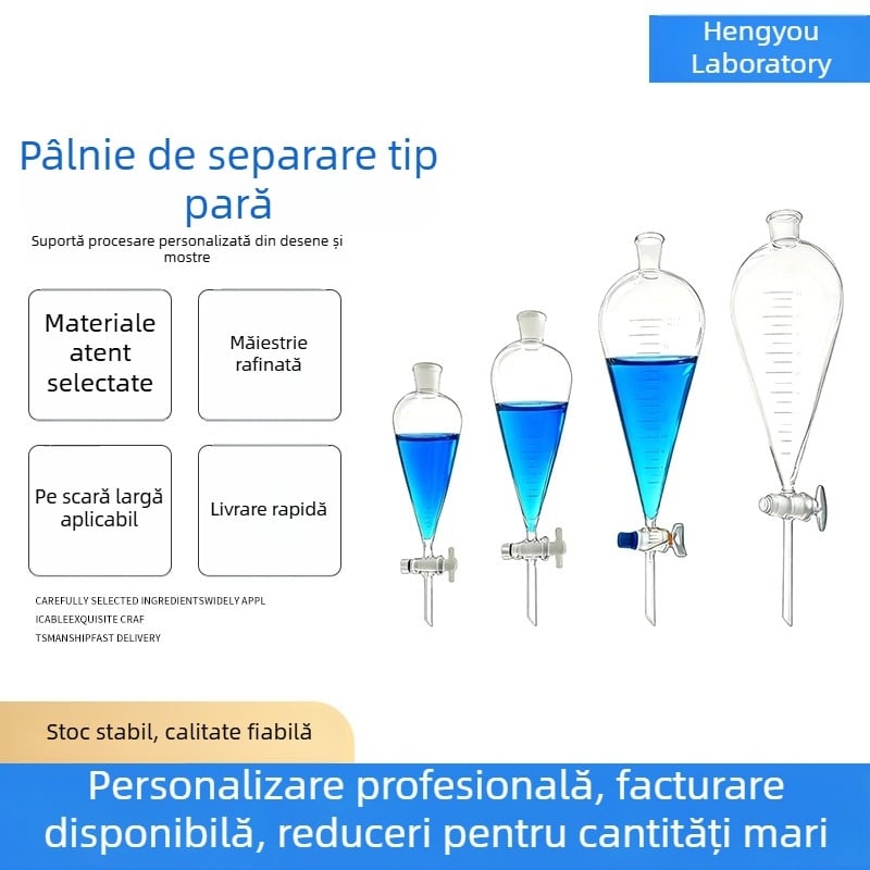 Separatoare în formă de pară, sticlă îngroșată, piston din sticlă PTFE, recipient de laborator sferic-conic pentru adăugare/picurare lichide, cu scară