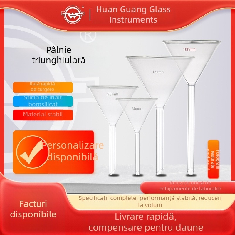 Pâlnie din sticlă borosilicată 1504, cu gât lung și gât scurt, formă triunghiulară de laborator, conică, cu design îngroșat