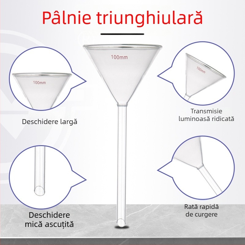 Pâlnie din sticlă borosilicată 1504, cu gât lung și gât scurt, formă triunghiulară de laborator, conică, cu design îngroșat