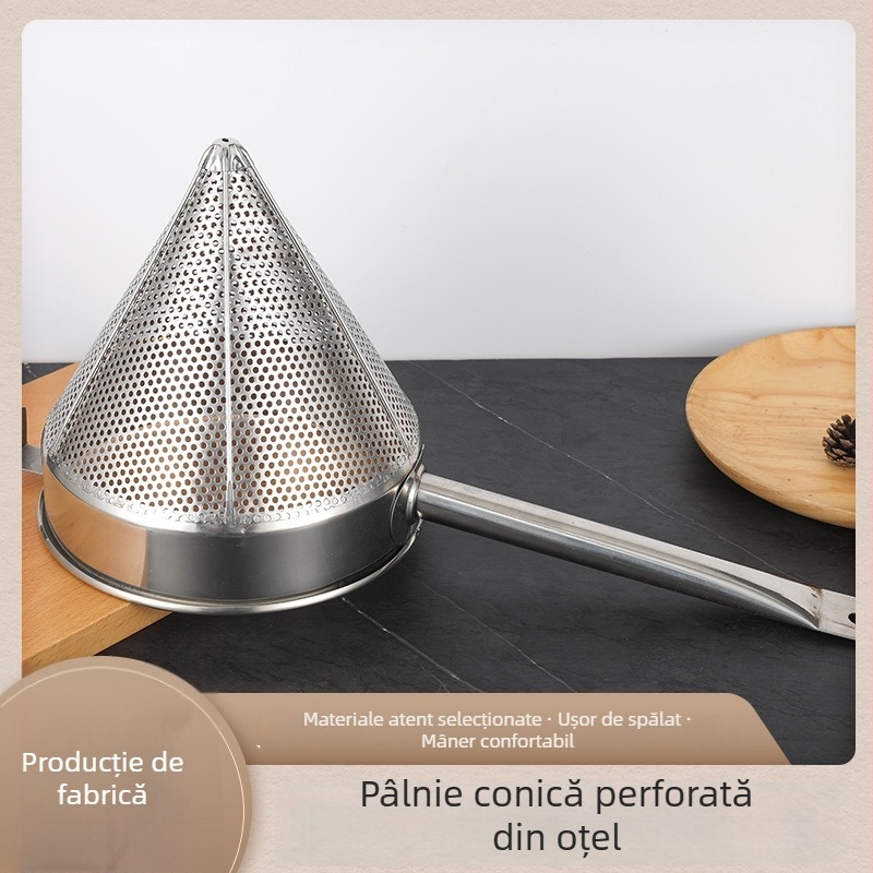 Filtru conic din oțel inoxidabil cu plasă, mâner lung — pentru vin și sediment
