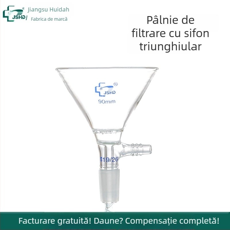Pâlnie de filtrare din sticlă, triunghiulară, pentru filtrare prin vid, cu placă de filtrare cu găuri multiple și pâlnie de alimentare