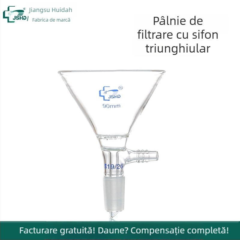 Pâlnie de filtrare din sticlă, triunghiulară, pentru filtrare prin vid, cu placă de filtrare cu găuri multiple și pâlnie de alimentare