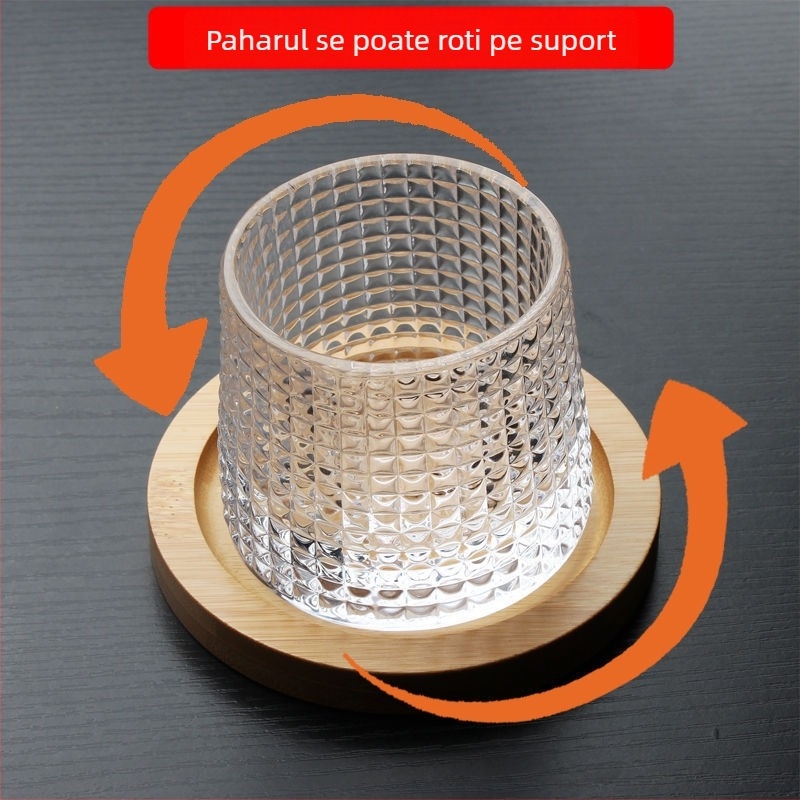 Bază rotativă pentru pahar cu gyroscop, pahar de whisky cu textură ciocănită, gravat, cu pereți groși
