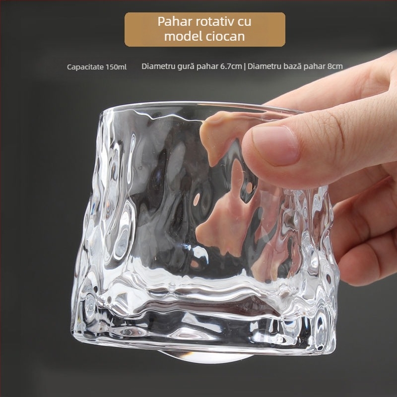 Bază rotativă pentru pahar cu gyroscop, pahar de whisky cu textură ciocănită, gravat, cu pereți groși