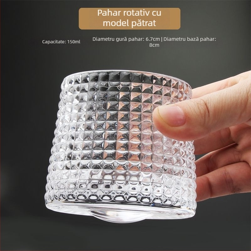 Bază rotativă pentru pahar cu gyroscop, pahar de whisky cu textură ciocănită, gravat, cu pereți groși