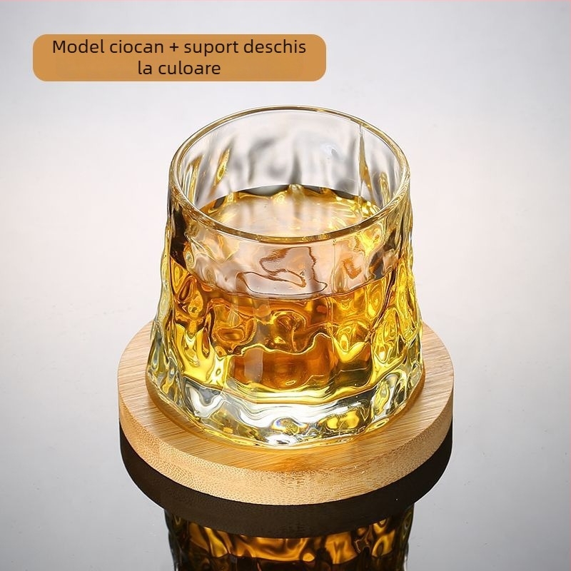 Bază rotativă pentru pahar cu gyroscop, pahar de whisky cu textură ciocănită, gravat, cu pereți groși
