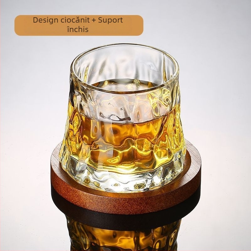 Bază rotativă pentru pahar cu gyroscop, pahar de whisky cu textură ciocănită, gravat, cu pereți groși