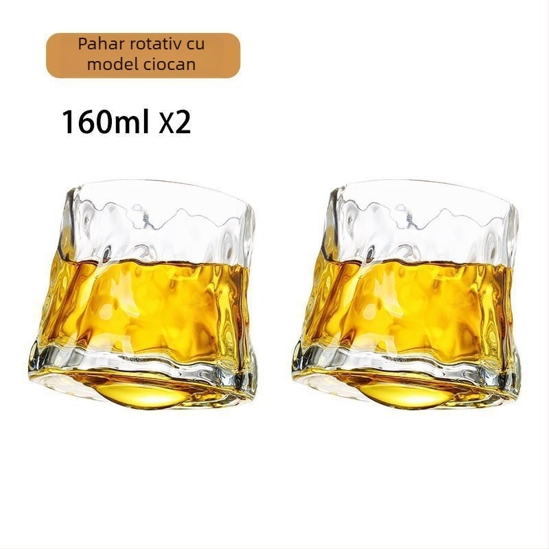 Bază rotativă pentru pahar cu gyroscop, pahar de whisky cu textură ciocănită, gravat, cu pereți groși