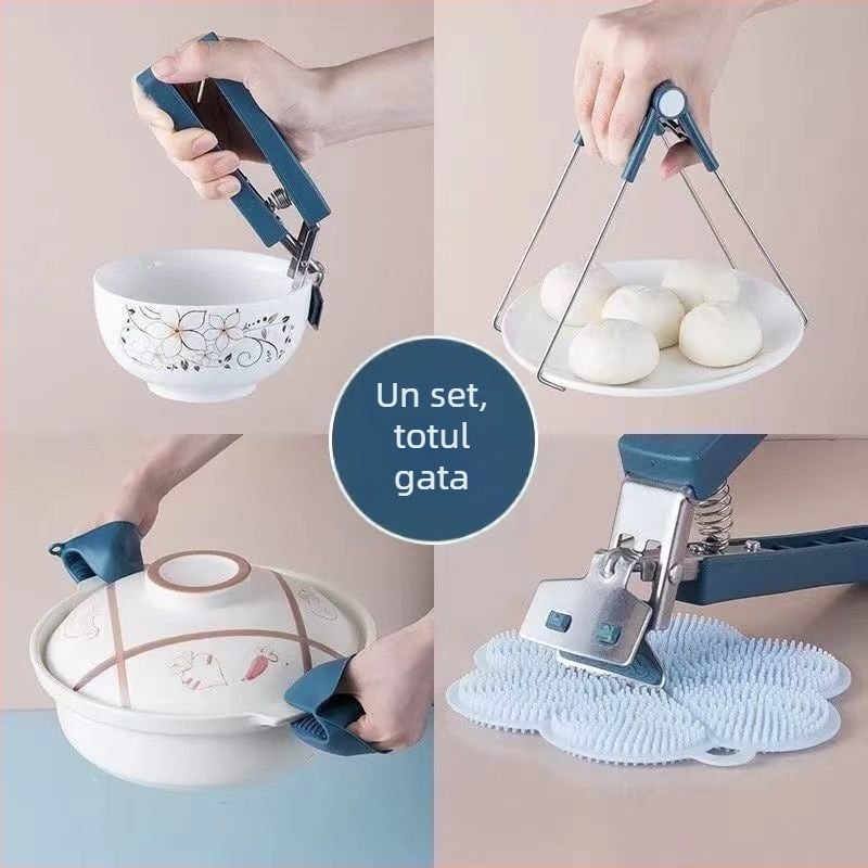 Set de trei clipsuri de bucătărie pentru boluri și farfurii, protecție împotriva arsurilor, antiderapant, oțel inoxidabil