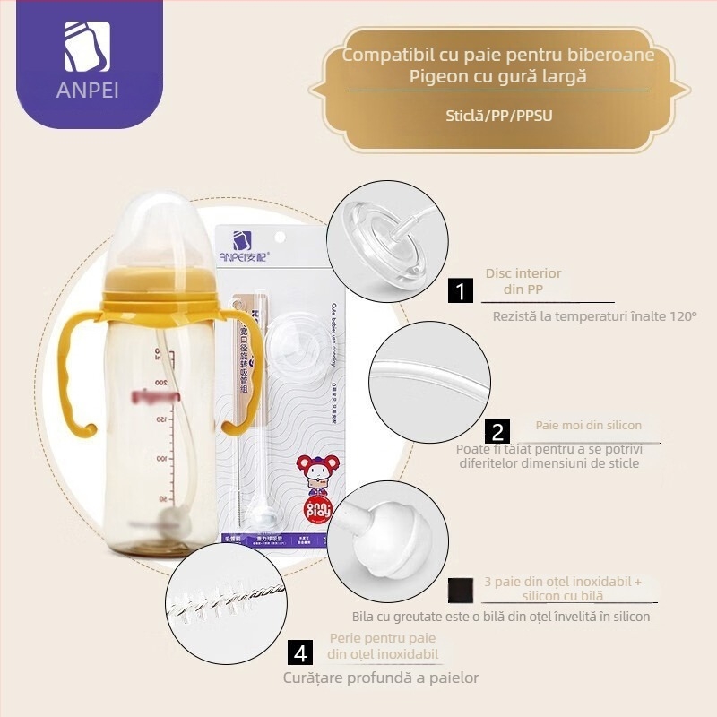 Accesorii pai pentru sticlă PPSU pentru biberon cu gât larg, generațiile a II-a și a III-a, pai cu bilă gravitațională