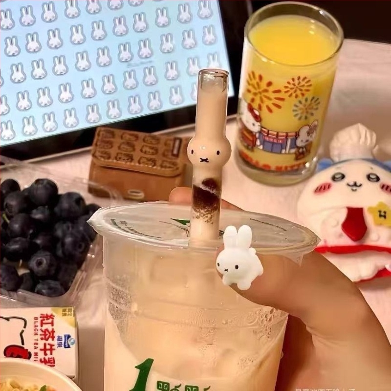 Paie din sticlă cu iepuraș drăguț, transparentă, diametru mare, sticlă borosilicat, rezistentă la căldură, pentru ceai cu lapte și cafea, cu perle de tapioca