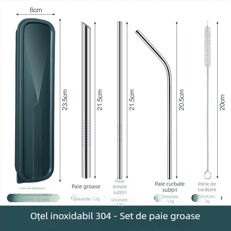 Paie-lingură din oțel inoxidabil 316, dintr-o singură piesă, cu două funcții: filtrare și amestecare, paie metalică pentru băut direct, diametru mare