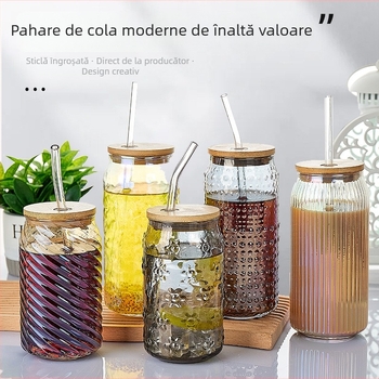 Pahar din sticlă sodă-limă cu capac – pai, pentru sucuri, băuturi carbogazoase, cafea portabilă, pahar universal
