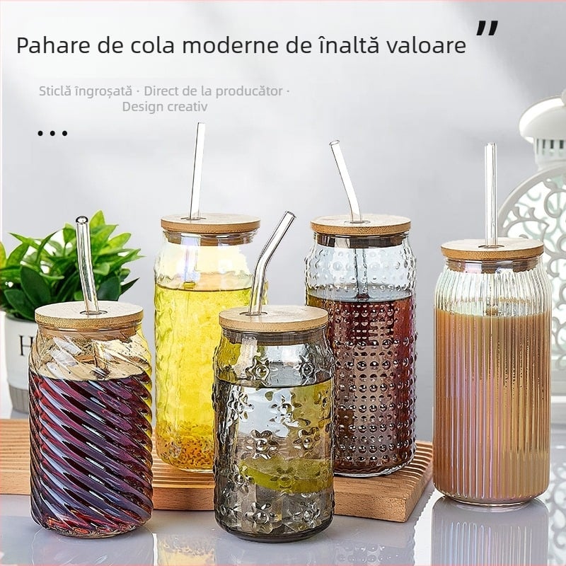 Pahar din sticlă sodă-limă cu capac – pai, pentru sucuri, băuturi carbogazoase, cafea portabilă, pahar universal