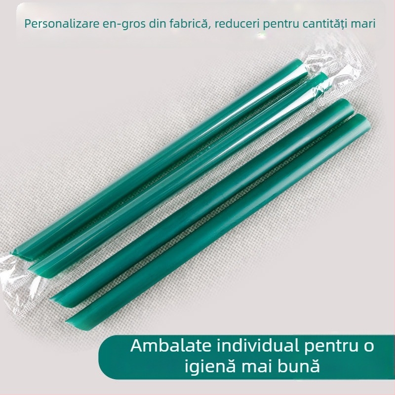Paie de unică folosință verde închis pentru bubble tea, ambalate individual, paie subțiri pentru băuturi, 200 buc