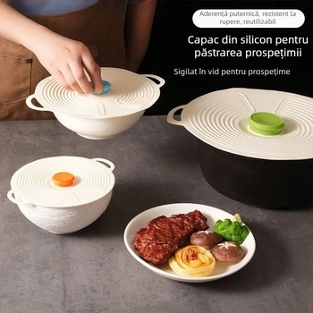 Capac silicon pentru păstrarea prospețimii, izolație termică, protecție împotriva prafului și umezelii, capac etanș pentru oale, boluri și farfurii, rezistent la stropire în microunde