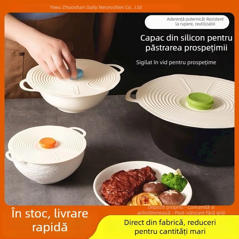 Capac silicon pentru păstrarea prospețimii, izolație termică, protecție împotriva prafului și umezelii, capac etanș pentru oale, boluri și farfurii, rezistent la stropire în microunde