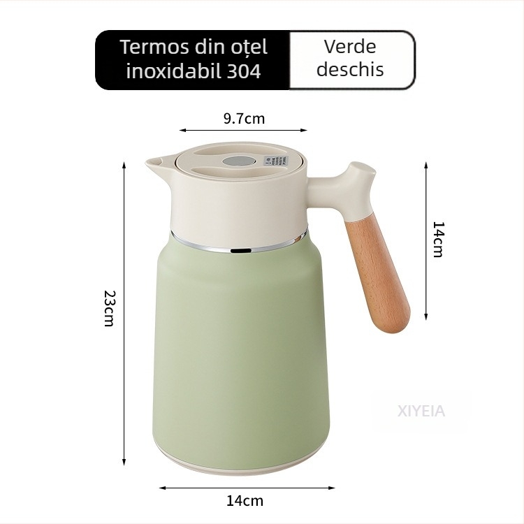 Termos cu mâner din lemn, interior din oțel 304, izolație cu pereți dubli, termos de cafea pentru casă, birou și hotel.