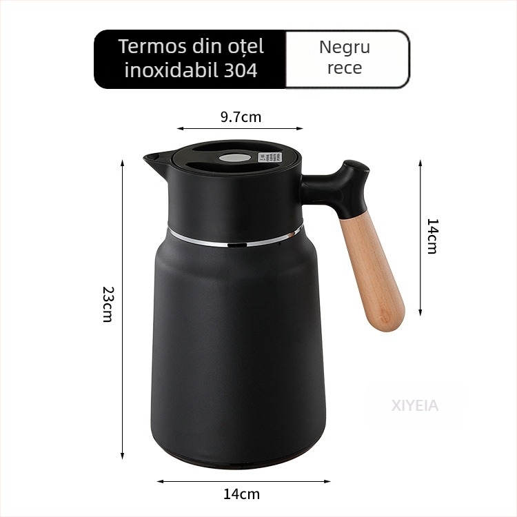 Termos cu mâner din lemn, interior din oțel 304, izolație cu pereți dubli, termos de cafea pentru casă, birou și hotel.