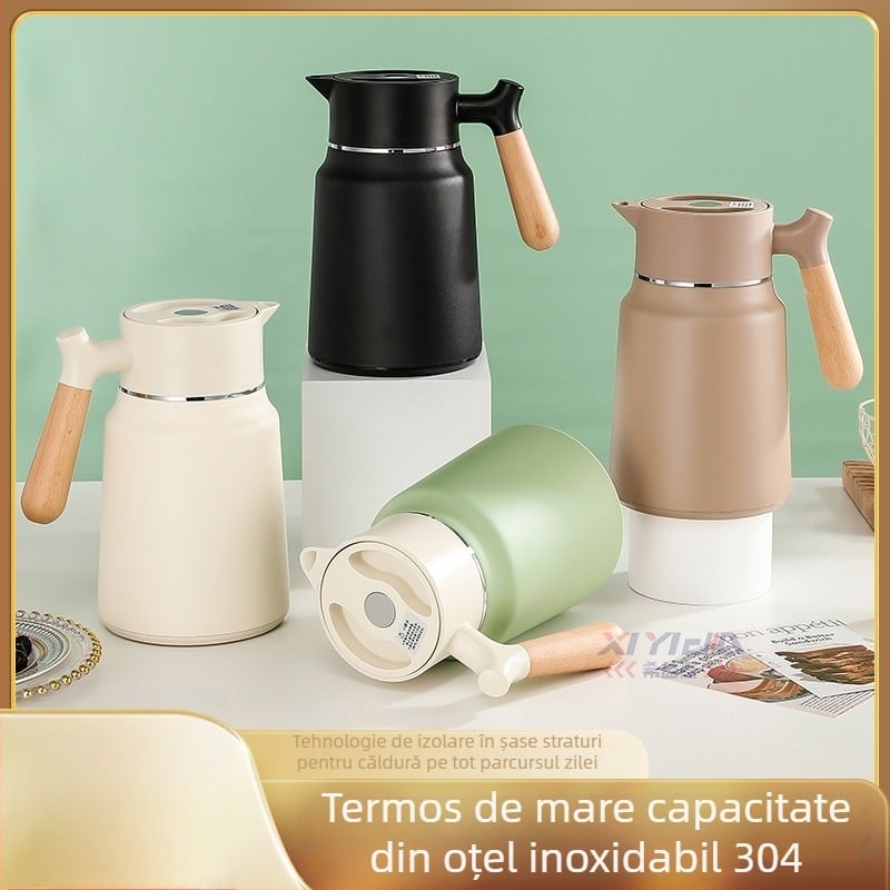 Termos cu mâner din lemn, interior din oțel 304, izolație cu pereți dubli, termos de cafea pentru casă, birou și hotel.