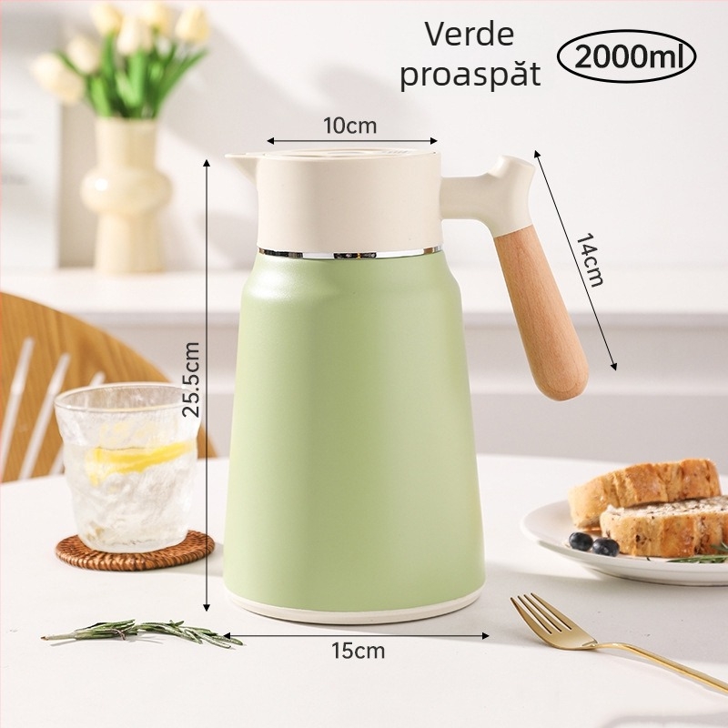 Termos cu mâner din lemn, interior din oțel 304, izolație cu pereți dubli, termos de cafea pentru casă, birou și hotel.