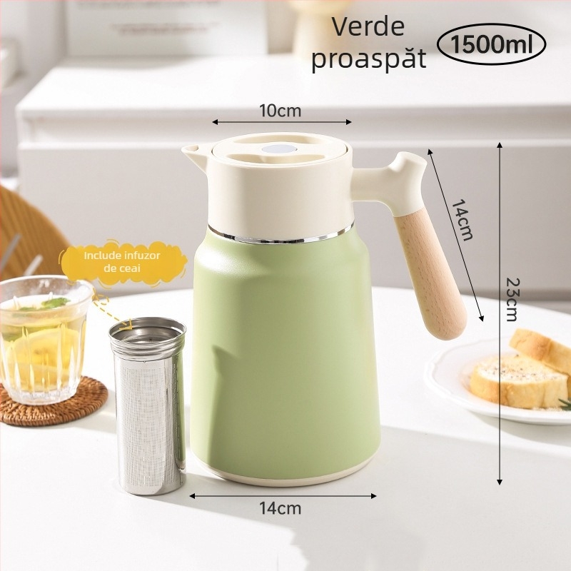 Termos cu mâner din lemn, interior din oțel 304, izolație cu pereți dubli, termos de cafea pentru casă, birou și hotel.