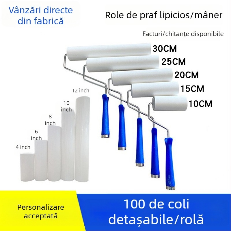 PE hârtie pentru rolă de praf, pentru 4/6/8/10/12 inch, rolă de praf cu suport pentru mâner, îndepărtător antistat pentru scame