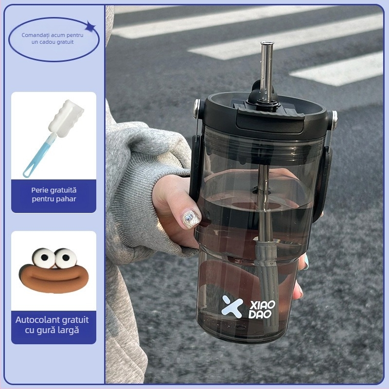 Pahar din plastic, capacitate mare, cu mâner, portabil, pai, design minimalist, pentru femei și studente