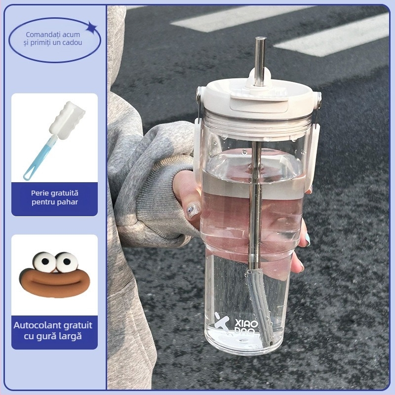 Pahar din plastic, capacitate mare, cu mâner, portabil, pai, design minimalist, pentru femei și studente
