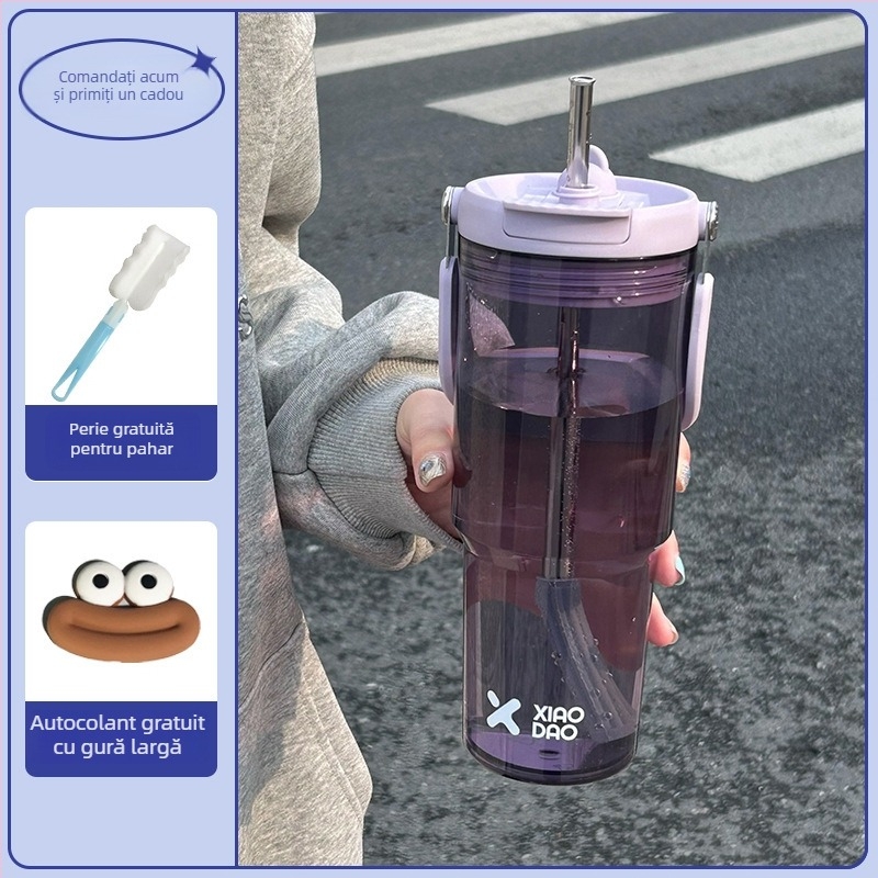 Pahar din plastic, capacitate mare, cu mâner, portabil, pai, design minimalist, pentru femei și studente