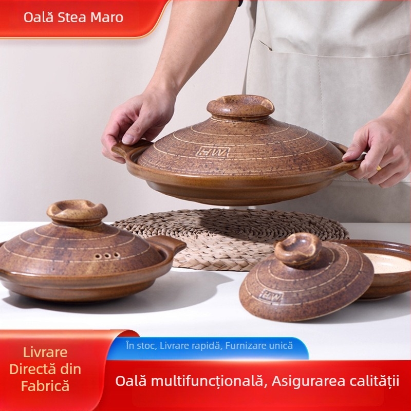 Recipient ceramic pentru gătit: orez în vas de lut, oală de supă, maro, compatibil cu plita pe gaz și plita electrică