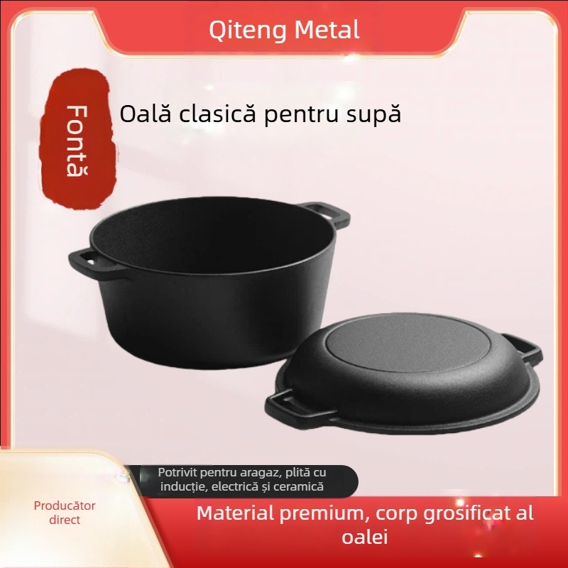 Qi Teng oală de fontă olandeză, dual-use, neacoperită, adâncă, cu două mâneri, pentru gătit înăbuire și prăjit