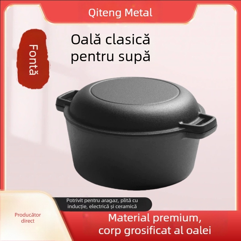 Qi Teng oală de fontă olandeză, dual-use, neacoperită, adâncă, cu două mâneri, pentru gătit înăbuire și prăjit