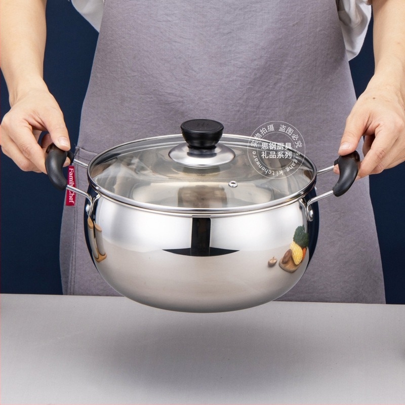 Oală de supă din oțel inoxidabil, corp îngroșat, mâner izolat din bakelit, capac din sticlă, cutie cadou, 2,1–3 L