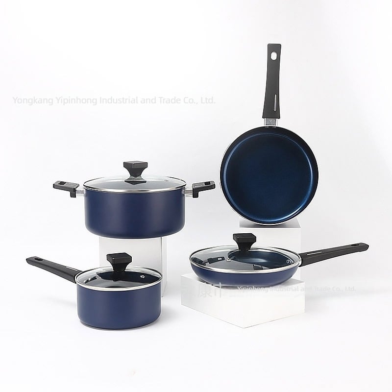 Set de 4 vase din aluminiu, oală de supă cu strat ceramic la fund și tigaie antiaderentă