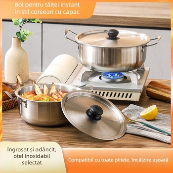 Oală coreeană pentru tăiței instant, din oțel inoxidabil compact, cu mânere duble, oală de supă pentru o porție