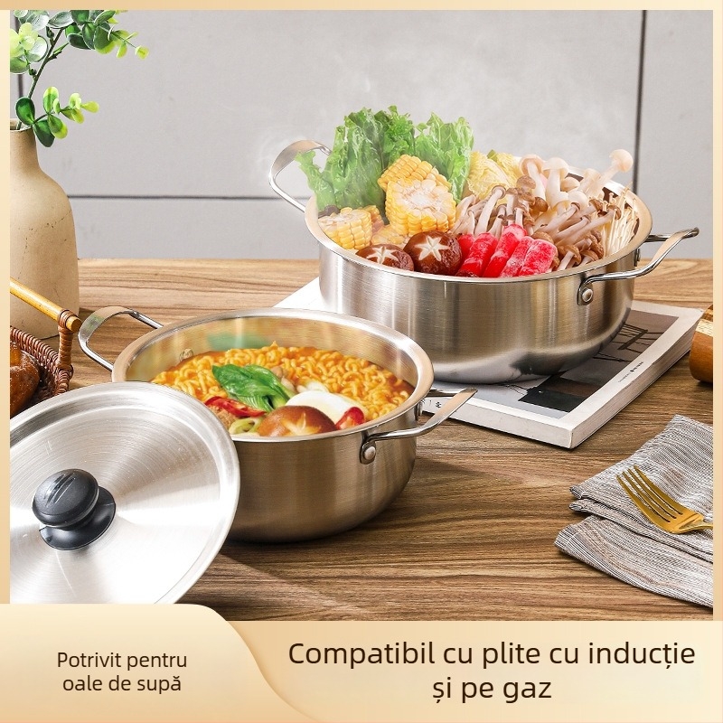 Oală coreeană pentru tăiței instant, din oțel inoxidabil compact, cu mânere duble, oală de supă pentru o porție