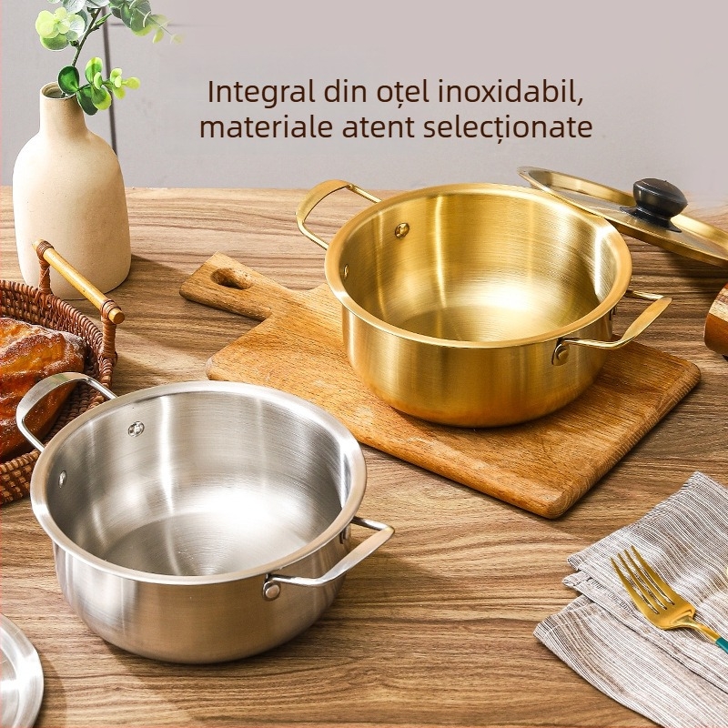 Oală coreeană pentru tăiței instant, din oțel inoxidabil compact, cu mânere duble, oală de supă pentru o porție