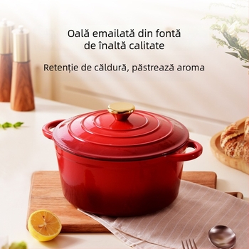Oală de supă emailată din fontă roșie pentru fructe de mare, supe și tocănițe, cu capac din fontă; compatibilă cu plite cu inducție și gaz; capacitate 3,1–4 L