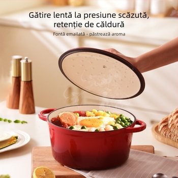 Oală de supă emailată din fontă roșie pentru fructe de mare, supe și tocănițe, cu capac din fontă; compatibilă cu plite cu inducție și gaz; capacitate 3,1–4 L