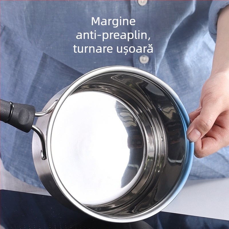 Oală de lapte din oțel inoxidabil 304, cu fund dublu, cu mâner unic și două urechi, compatibilă cu inducție, 3,1–4 L