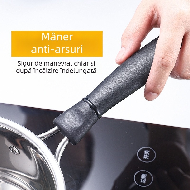 Oală de lapte din oțel inoxidabil 304, cu fund dublu, cu mâner unic și două urechi, compatibilă cu inducție, 3,1–4 L