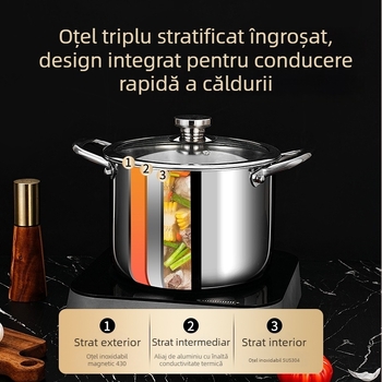 Oală de supă din oțel inoxidabil 304, fund gros, fără acoperire, vas cu aburi și oală pentru tocană cu două mânere, compatibilă cu inducția